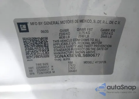 2020 Chevrolet Equinox Awd Ls из США, поврежденный, VIN 3GNAXSEV4LS690677